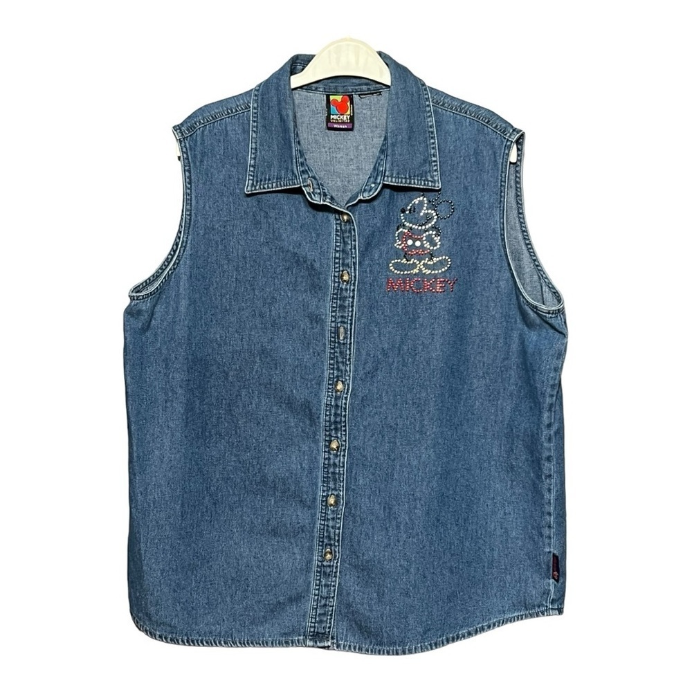 Mickey Unlimited Disney Beaded Denim Top Retro 90’s Sleeveless Button-Up Shirt